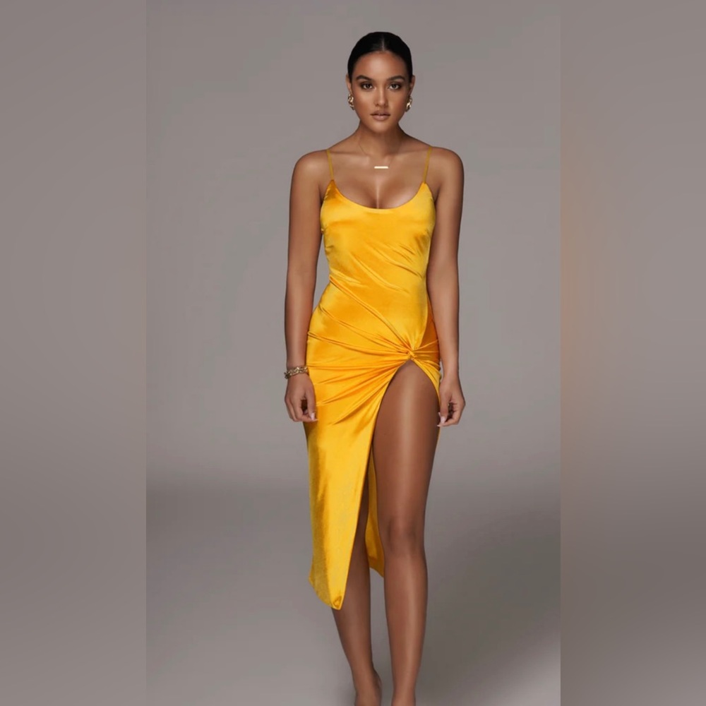 YELLOW ALDIS SATIN SLIT DRESS